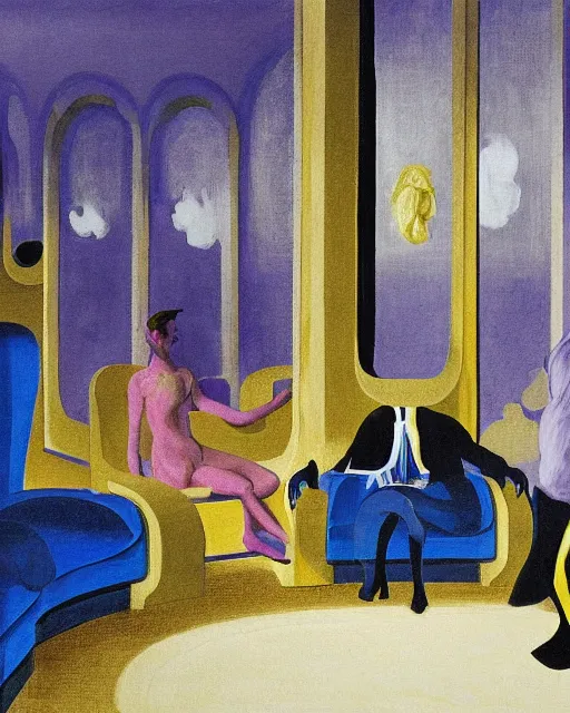 Image similar to blue people talking and a lonely dark figure seated on a throne with clouds at dark and yellow art deco interior room in the style of Francis Bacon, open ceiling, highly detailed, painted by Francis Bacon and Edward Hopper, painted by James Gilleard, surrealism, airbrush, art by James Jean