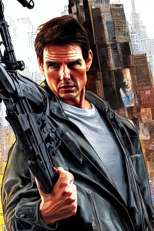 Prompt: a medium shot of tom cruise in gta 4, cover art by stephen bliss, highly detailed, trending on artstationhq