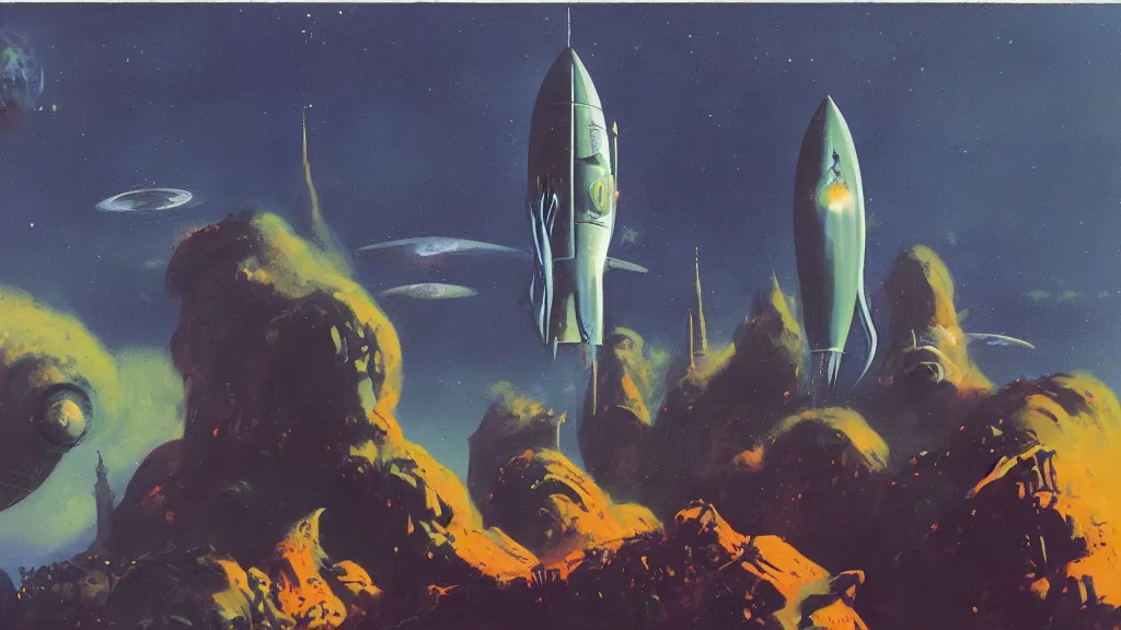 Image similar to rocket design by paul lehr and jack gaughan and john schoenherr, cinematic matte painting