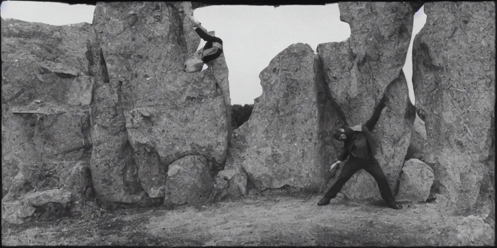 Image similar to creepy photo of dottore dancing around a stone monolith in a barn, 70mm film, old film, found film, scary, ominous, disturbing