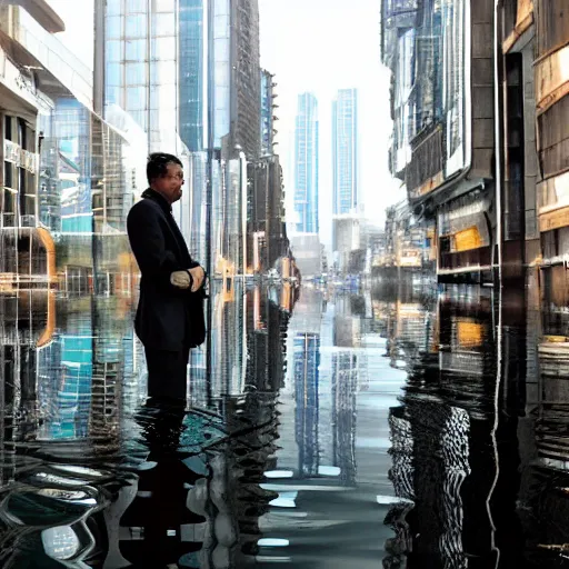 Prompt: man with a mirror in a city of glass flooded with water