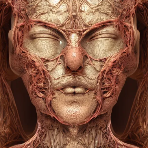 Image similar to beatifull frontal face portrait of a woman, 150 mm, anatomical, flesh, flowers, mandelbrot fractal, facial muscles, veins, arteries, symmetric, intricate, golden ratio, full frame, microscopic, elegant, highly detailed, ornate, ornament, sculpture, elegant , luxury, beautifully lit, ray trace, octane render in the style of peter Gric , alex grey and Romero Ressendi