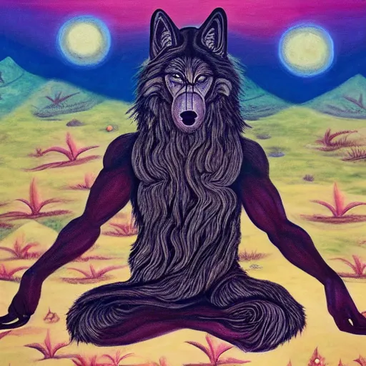 Prompt: an anthromorphic wolf man meditating in a zen garden, by amanda clark and amanda sage in a psychedelic style, oil on canvas