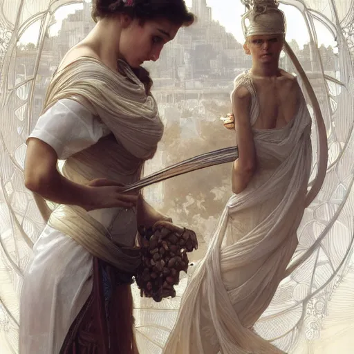 Image similar to portrait of a david and goliath, intricate, elegant, highly detailed, digital painting, artstation, concept art, smooth, sharp focus, illustration, art by artgerm and greg rutkowski and alphonse mucha and william - adolphe bouguereau