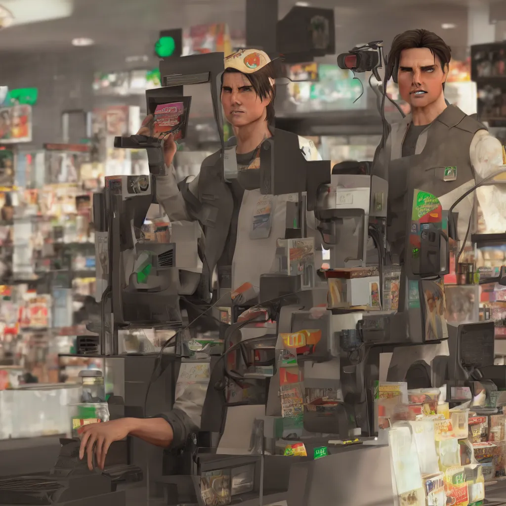 Image similar to Tom Cruise working as a 7/11 cashier, artstation, octane render, 8k, HD