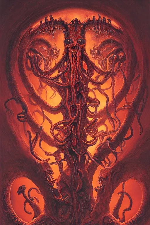Prompt: portrait study, a realistic painting of a lovecraft cthulhu creature inside a singular portal hell gate, shining its light across a tumultuous sea of red fluids and skulls by zdzisław beksinski and h. r. giger, ornate, portrait composition, mechanical, gears, tesla car design, volumetric lighting, hyper realistic, extremely detailed, elegant