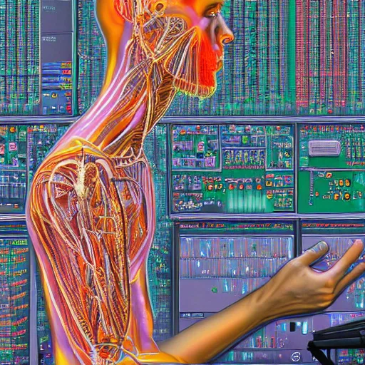Image similar to a human/computer system, a side-view of a person sitting on their desk programming by Alex Grey, highly detailed, 8K