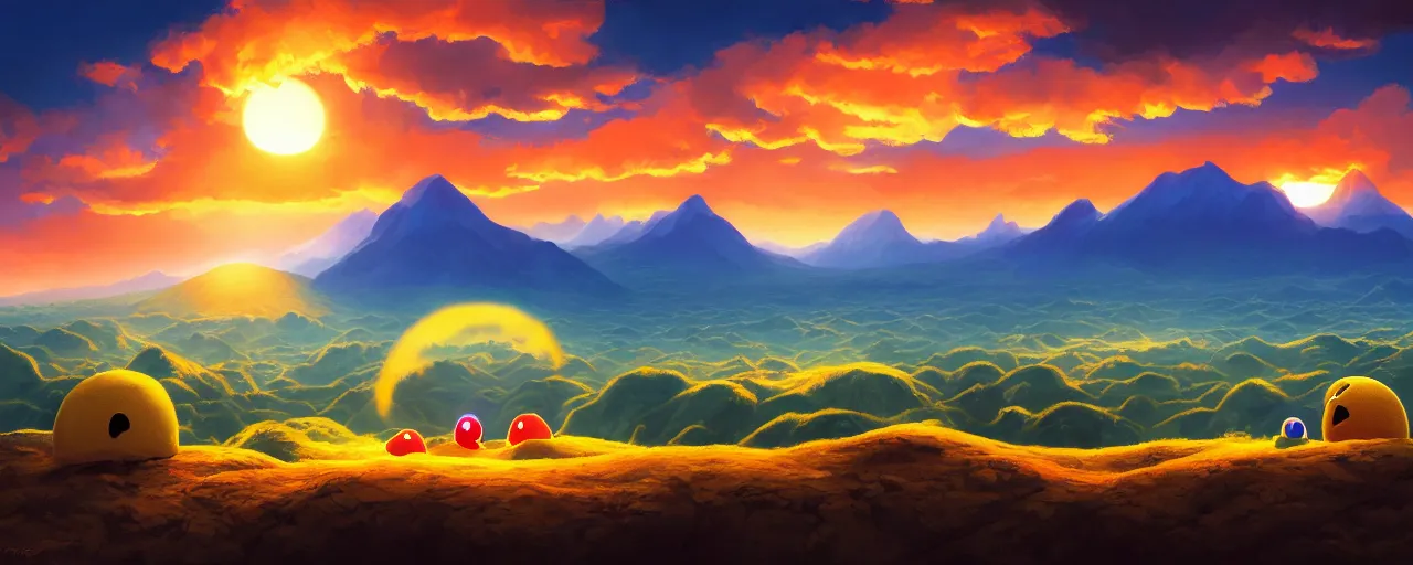 Prompt: detailed round pacman, with ghosts, in a beautiful nature landscape with clouds, mountains, in background, sunset, by rhads, pacman