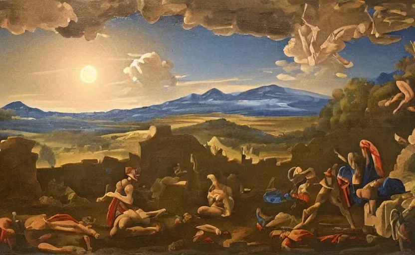 Image similar to an oil painting door with intricate occult symbols, tomb in the midground, hills in the background, inspired by nicolas poussin, inspired by guercino, in the style of french baroque, insanely detailed, mysterious mood, horror elements, fantasy