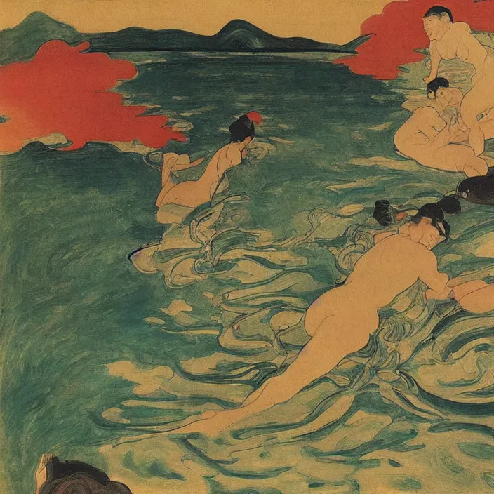 Image similar to shunga scene with turbulent river. painting by munch, agnes pelton, egon schiele, henri de toulouse - lautrec, utamaro, monet