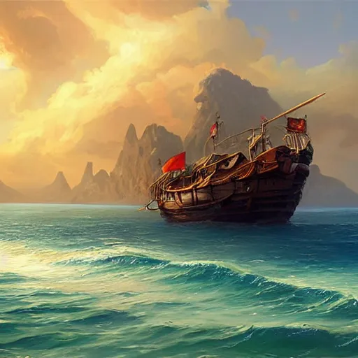 Image similar to a painting of an island with a pirate ship on it, a detailed matte painting by RHADS, cgsociety, fantasy art, matte painting, artstation hq, matte drawing