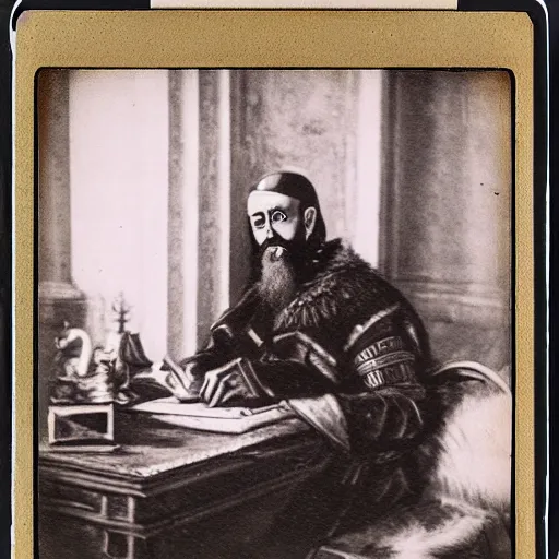 Prompt: Ivan the Terrible in his palace in Moscow and working on a MacBook Pro, high detail, Polaroid , old photo width 768