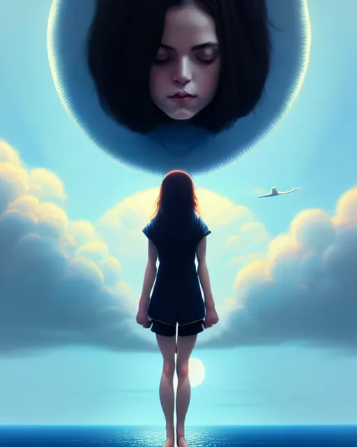 Prompt: girl in sky, floating in the atmosphere, symmetrical face and body, symmetrical composition, dynamic wavy hair, detailed designs, digital painting, 4 k, by ilya kuvshinov, by greg rutkowski, atmospheric lighting