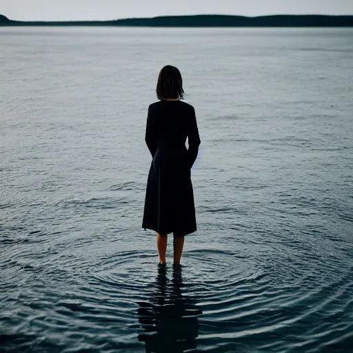 Image similar to a woman, standing in shallow endless water, backlit, backlit, photo by Marat Safin, Canon EOS R3, 35mm, f/1.4, ISO 200, 1/160s, 8K, RAW, unedited, symmetrical balance, in-frame