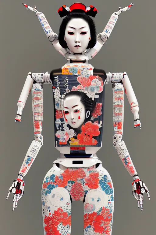 Image similar to full body portrait of a japanese robot geisha with kanji tattoos and decals wearing a digital pixelated kimono, intricate design, photorealistic, octane render, raytraced, ultra fine detailed, character design, trending on artstation