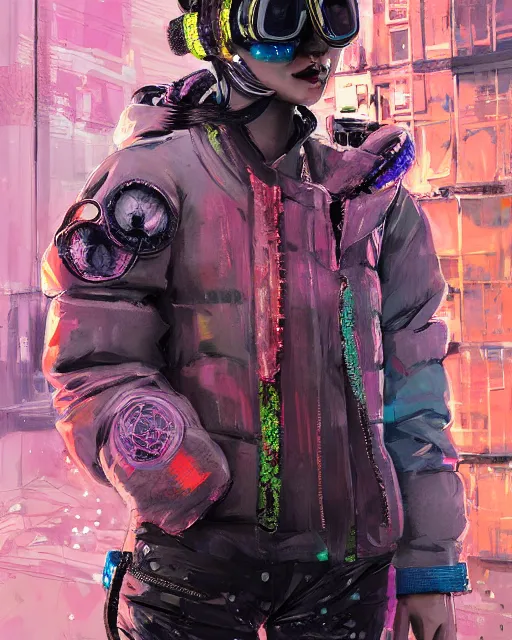 Prompt: detailed portrait neon guard girl with goggles seen from the back, cyberpunk futuristic, reflective puffer jacket, black leggings, decorated with traditional ornaments in front of a dystopian street with piles of garbage by ismail inceoglu dragan bibin hans thoma, perfect face, fine details, realistic shaded, fine - face, pretty face