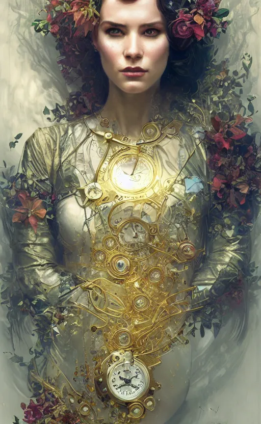 Image similar to hyper realistic time machine, cyberpunk, design on white background, beautiful details, lush foliage cyberpunk, gold, drawn by john singer sargent, tom bagshaw, norman rockwell, alphonso mucha, lolish, trending on artstation