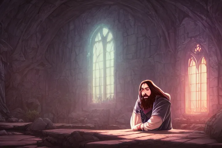 Prompt: a portrait of jesus praying, gothic, fantasy by dan mumford, yusuke murata and makoto shinkai, 8 k, cel shaded, unreal engine, featured on artstation, pixiv