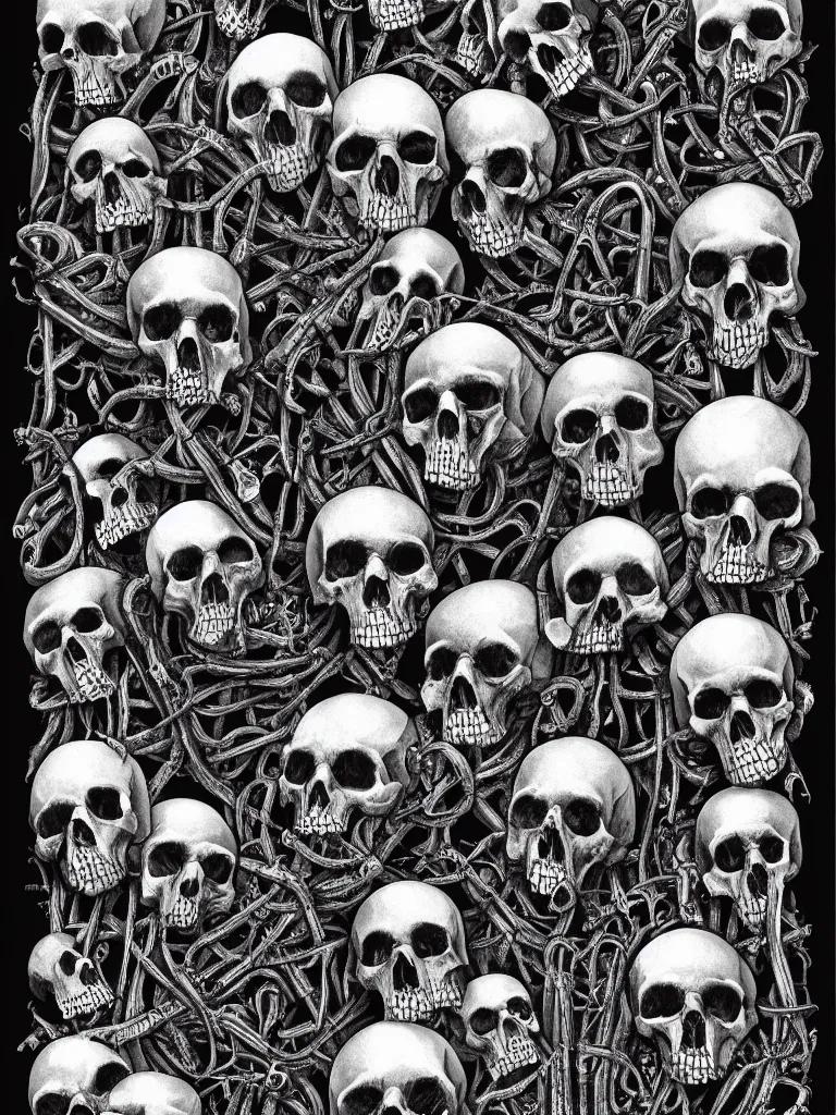 Image similar to Hyper-realistic black and white Valentine's Day card made of skulls and bones by H.R. Giger