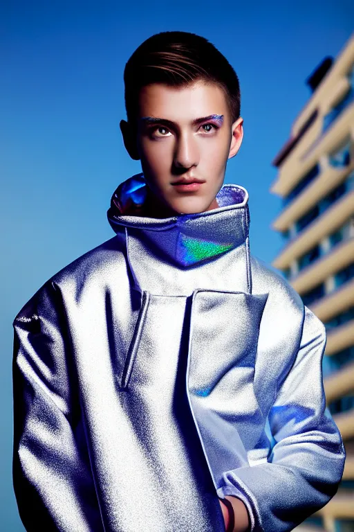 Image similar to un ultra high definition studio quality photographic art portrait of a young man standing on the rooftop of a british apartment building wearing soft baggy inflatable padded silver iridescent pearlescent clothing. three point light. extremely detailed. golden ratio, ray tracing, volumetric light, shallow depth of field. set dressed.