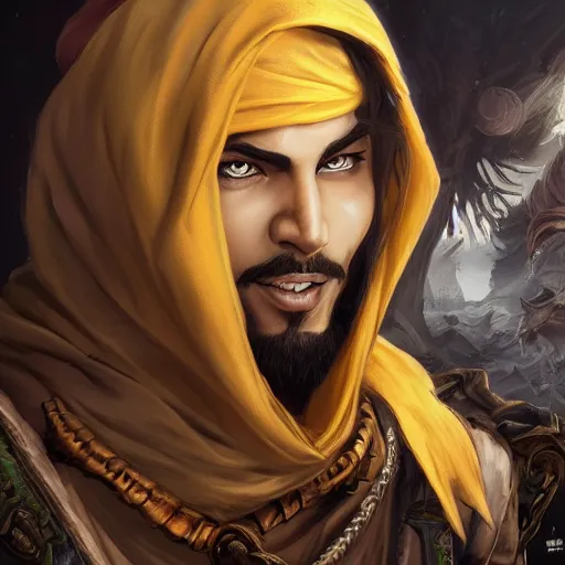 Image similar to portrait of young wild arabian nomad half werewolf, with yellow cloths, league of legends splash art, castlevania, hearthstone splash art, full body shot, rule of thirds, ultrafine hyperrealistic detailed face, artgerm, greg rutkowski, trending on artstation, 8 k, intricately detailed, highly detailed