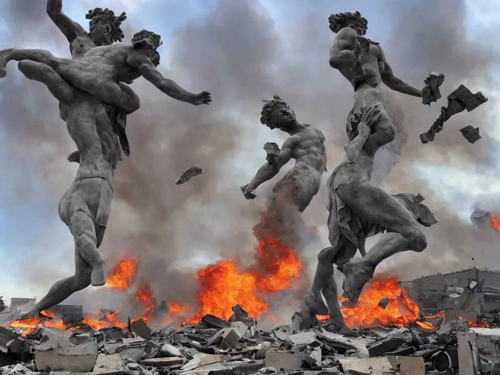 Prompt: giant greek statues attacking a city, ciry destruction ruins, debris flying around, swirls of fire