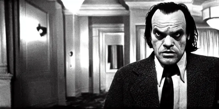 Image similar to photorealistic ultra wide cinematography of the character jack torrance played by jack nicholson from stanley kubrick's 1 9 8 0 film the shining sitting at the overlook hotel's gold ballroom bar starring right at the camera shot on 3 5 mm eastman 5 2 4 7 film by the shining cinematographer john alcott shot on a wide kinoptik tegea 9. 8 mm lens.