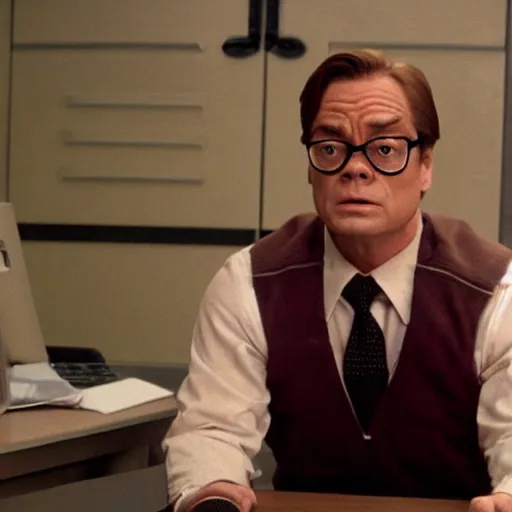 Image similar to Jean Claude Vandamme as Dwight Schrute on the office, cinematic still, high quality,