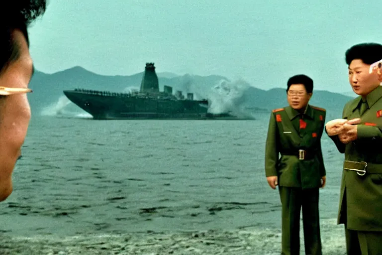 Image similar to a filmstill of Kim Jong-il looking at a giant starfish Kaiju monster destroying Pyongyang, in Stalker (1979) by Andreï Tarkovski, traditional Korean city, palace, epic ultrawide shot, cinémascope