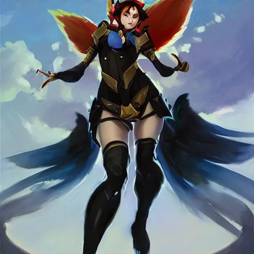 Image similar to greg manchess portrait painting of partially armored ahri from league of legends as overwatch character, medium shot, asymmetrical, profile picture, organic painting, sunny day, matte painting, bold shapes, hard edges, street art, trending on artstation, by huang guangjian, gil elvgren, ruan jia, randy vargas, greg rutkowski, gaston bussiere