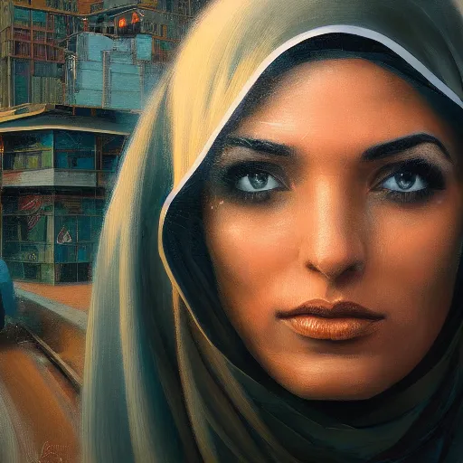 Image similar to detailed face of an arabic woman, clockwork, moment, tectonic sky, skydome, bullet train, turbines, utopian, tech noir, wet reflections, prism, atmospheric, ambient, pj crook, syd mead, livia prima, artgerm, greg rutkowski, nick alm, casey baugh