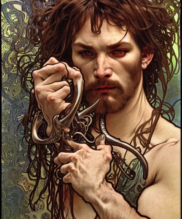 Prompt: realistic detailed face portrait of a rugged satyr with massive curving horns by alphonse mucha, ayami kojima, amano, greg hildebrandt, and mark brooks, male, masculine, half - animal, art nouveau, neo - gothic, gothic, character concept design