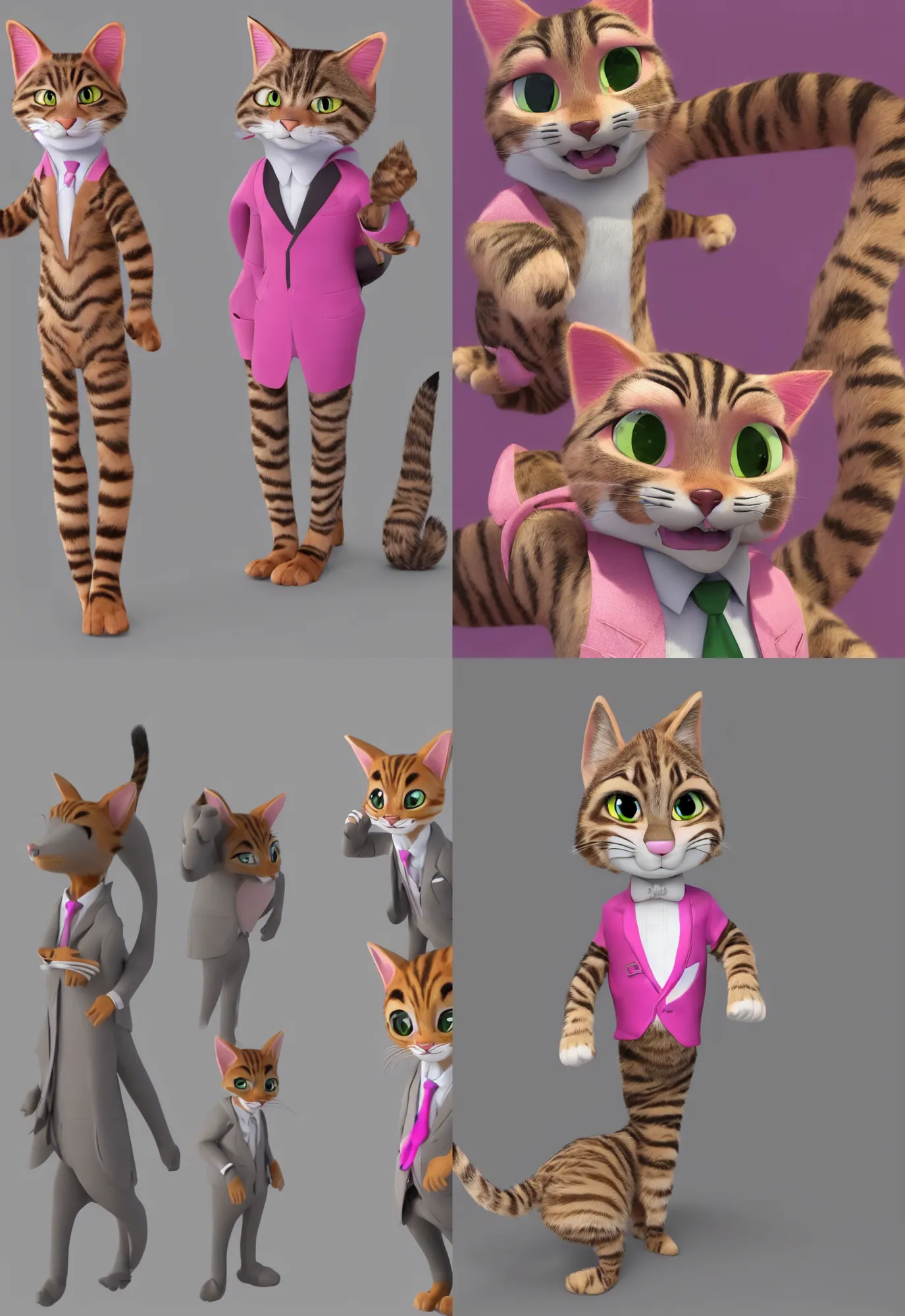 Image similar to 3d render , anthropomorphic male tabby cat,wearing a pink tux ,style of Zootopia, 8K HD Resolution, High quality image