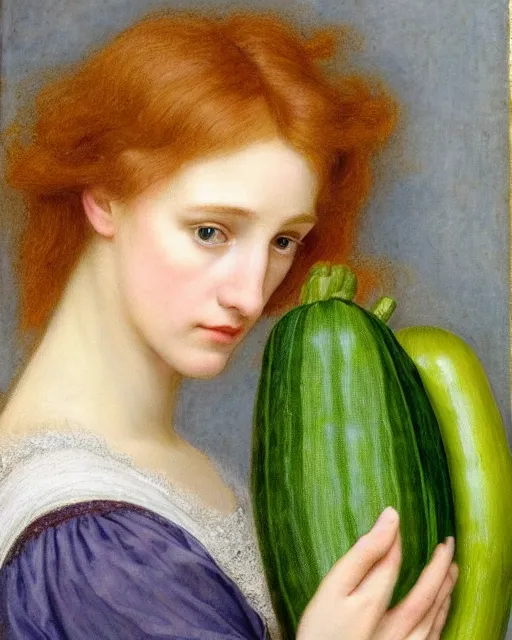 Prompt: Pre-Raphaelite portrait of a young, beautiful woman with blond hair and grey eyes holding a courgette