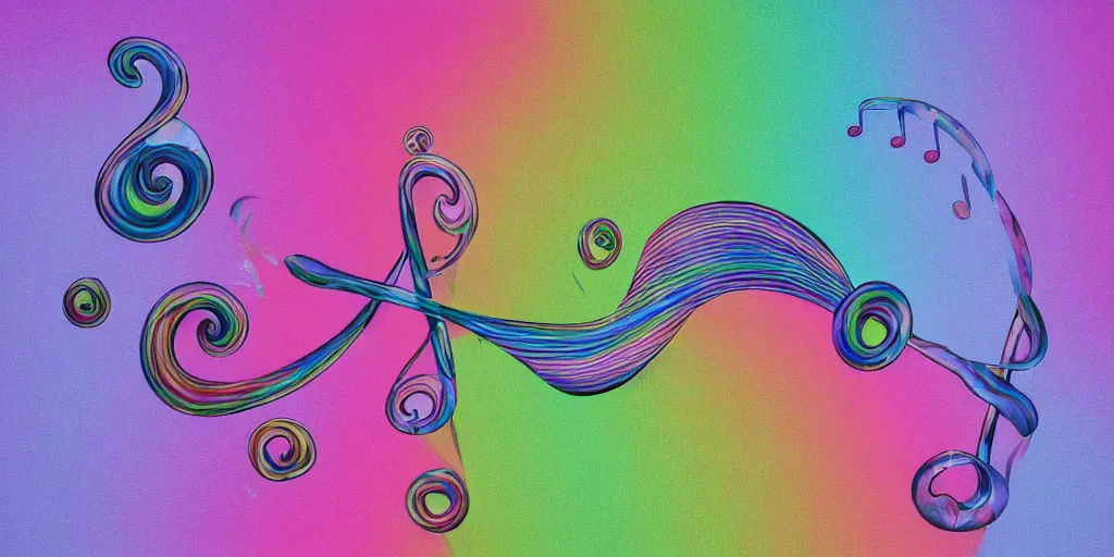 Prompt: intricate curving swirling treble clef staff, complex musical notes, tiny Pink Floyd rainbow prisms, inflatable flying pig balloons in the style of Pink Floyd Animals lp cover, flowing from a glass pyramid prism, faded grey muted wash of distant pastel colors, Cryengine, Raytracing, trending on Artstation, Award Winning, in the style of Pink Floyd Dark Side of the Moon