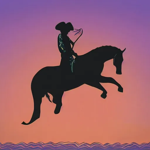 Prompt: a beautiful painting of a regal african cowboy, riding a dolphin on land! in front of a pale lavender sunrise, dawn, predawn, golden light, art deco!, art nouveau, silhouette, no crop