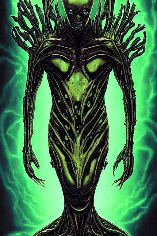 Image similar to Alien, with transparent skin, visible internal, looks like sea creatures, luminous body, floating in the void like the watcher marvel comics or dc comics guardians mixed with swamp thing. Artstyle like alexander mcqueen, anthony chong jones, yoji Shinkawa, Marc Simonetti, Mike Mignola, jae lee, Marc Silvestri, Todd mcfarlane+ full body image with head, Symmetry, dark illustration, cinematic unreal engine, hypermaximalist, symmetrical, detailed, intricate ink illustration, 8k, HD