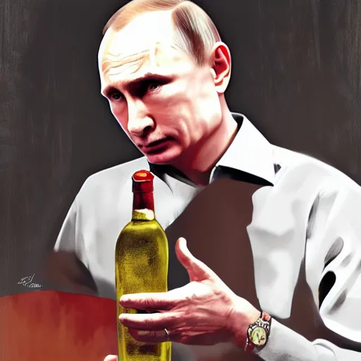 Prompt: vladimir putin wearing a sexy skirt, holding a bottle of arak, cinematic, beautiful digital painting, hyper detailed