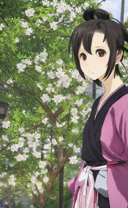 Image similar to anime style, gta 5, portrait of girl, yukata clothing, sakura tree in background, short hair, hair down, symmetrical facial features, from arknights, hyper realistic, happy face, extreme detail, 4 k drawing, safebooru, realistic lighting, by alphonse mucha, greg rutkowski, sharp focus, backlit