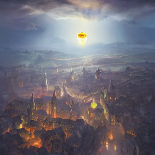 Prompt: aerial view of a medieval town situated below a glowing orb hanging in the sky. by alan lee by peter mohrbacher, trending on artstation sharp focus vfx key shot