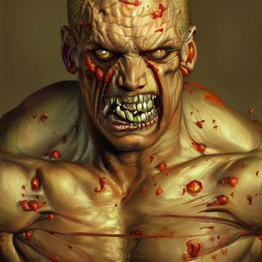Image similar to an portrait of an mutant buff zombie, highly detailed, centered, digital painting, artstation, concept art, donato giancola, Joseph Christian Leyendecker, WLOP, Boris Vallejo, Breathtaking