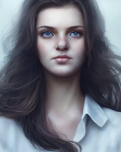 Prompt: a portrait of a cute woman, brown wavy hair, blue eyes, wearing a white blouse, button nose, wide oval face, soft facial features, strong chin, chubby cheeks, cute lips, very detailed digital art, dynamic lighting, moody atmosphere, dark background, piercing gaze, wide smile, 4 k portrait art by artgerm, greg rutkowski, craig mullins