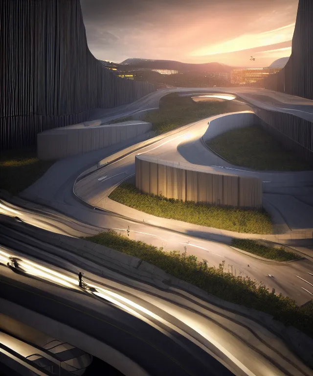 Image similar to denis villeneuve establishing shot of modern bjarke ingels condo building and gotthard tunnel entrance combined, roads tunnel under bjarke ingels condo building, lush environment, sunset raked lighting, scifi artstation digital concept art, unreal engine, hyper realism, realistic shading, cinematic composition, octane render, wide shot