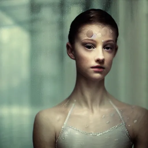 Image similar to portrait of a ballerina with a beautiful porcelain face, rain, cinematic light and reflections, beautiful dreamy lighting, photographed by annie leibovitz,