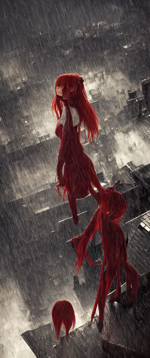 Prompt: Asuka Langley on the roof of a gothic house, Dishonored aesthetic, cinematic lighting, rainy weather, melancholy atmosphere, artstation, Dunwall city, gothic architecture, volumetric light, octane render, Dishonored game, Dishonored 1, depression and despair