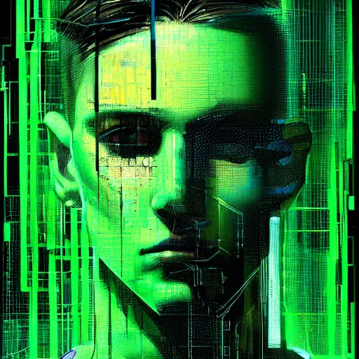 Prompt: hyperrealistic portrait of a cyberpunk teenager, male, short hair, confident, cybernetics, immersed within a glitch network, by Guy Denning, Metzinger, Russ Mills, glitch art, hyper focus, fine detail, hacking effects, digital tech effects, chromatic, color blocking!, green, acrylic on canvas, concept art, abstract, trending on cgsociety, trending on artstation