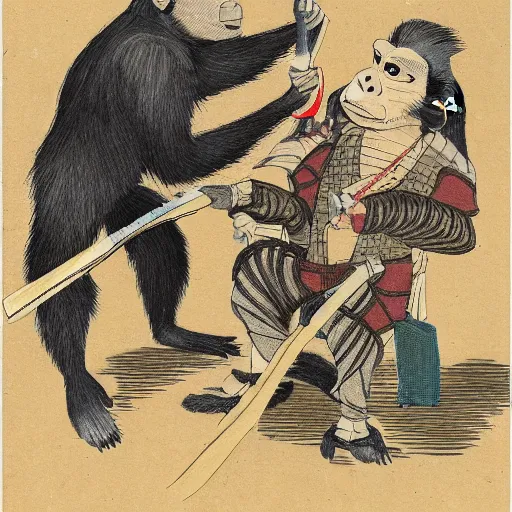 Prompt: a monkey cutting a samurai's hair.