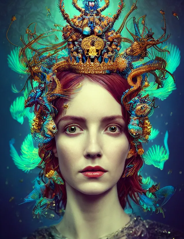 Image similar to blurred background. close-up portrait of a goddess in crown made of skulls. betta fish, phoenix, bioluminiscent creature, super intricate ornaments, by Anne Bachelier by Anka Zhuravleva, Anato Finnstark and Alena Aenami, Bruno Walpoth. unreal engine