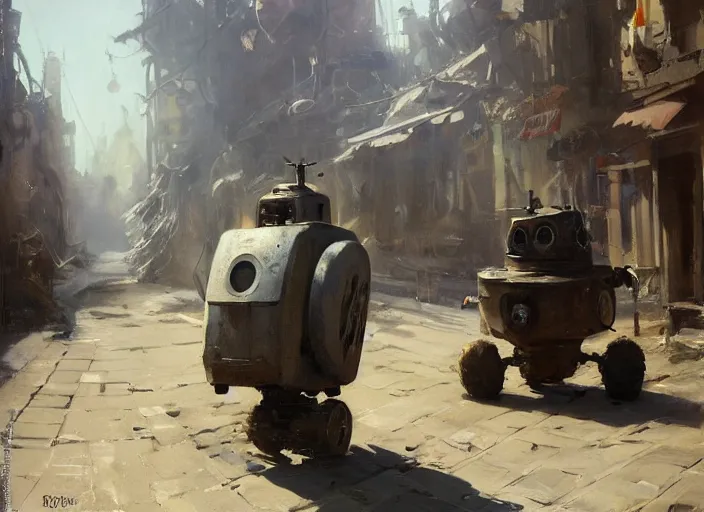 Image similar to oil painting of old rugged zyborg robot in dusty wild west street, art by anders zorn, wonderful masterpiece by greg rutkowski, beautiful cinematic light, american romanticism by greg manchess, jessica rossier