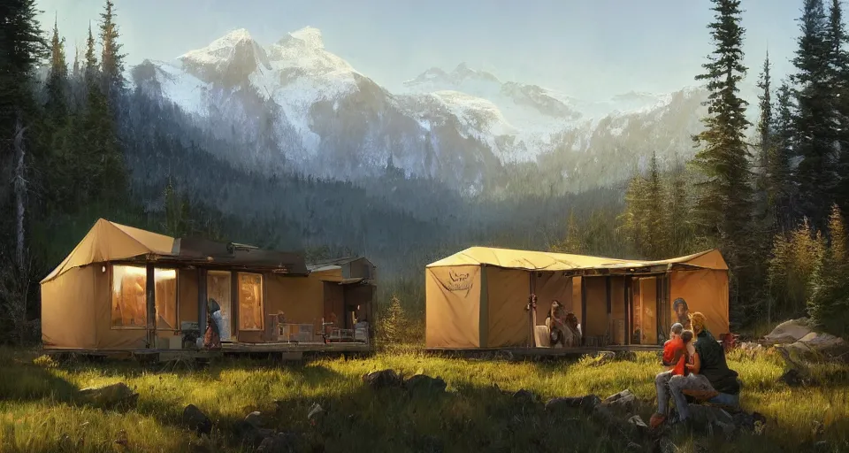 Image similar to cabela's beautiful comfortable community of modular insulated wall container home kit - house all weather family dwelling tent house, person in foreground, mountainous forested wilderness open fields, beautiful views, painterly concept art, environmental concept art, concept art illustration, by james gurney, by craig mullins, by greg rutkowski trending on artstation